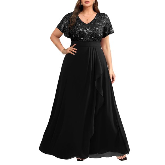 Vestidos formales de talla grande de Pinup Fashion, vestidos negros para bodas, invitados, noches, lentejuelas, elegante, gala, baile de graduación, vestido largo con mangas para mujer 2025