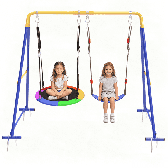 Swing Sets for Backyard, Outdoor Toddler Swing with Heavy-Duty Metal Stand, Swing Playset for Kids, 440lbs, Saucer & Belt, Yellow & Blue