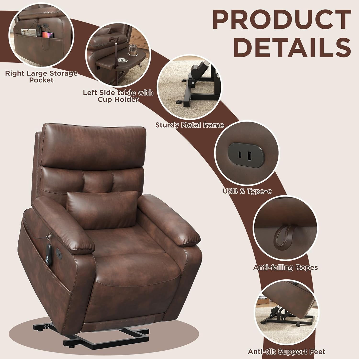 Vabches Power Lift Recliner Chair Dual Motor, Electric Leather Recliner for Adults with Cup Holder, Tray and USB & Type-C, Pillow Side Pocket