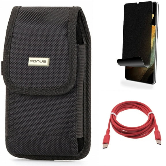 Red 6ft Long Cable & Privacy Screen Protector & Case Belt Clip for Samsung Galaxy S21 Ultra Phone - USB-C to Type-C PD Fast Charger & TPU Film Fingerprint Works & Swivel Holster Accessory Bundle