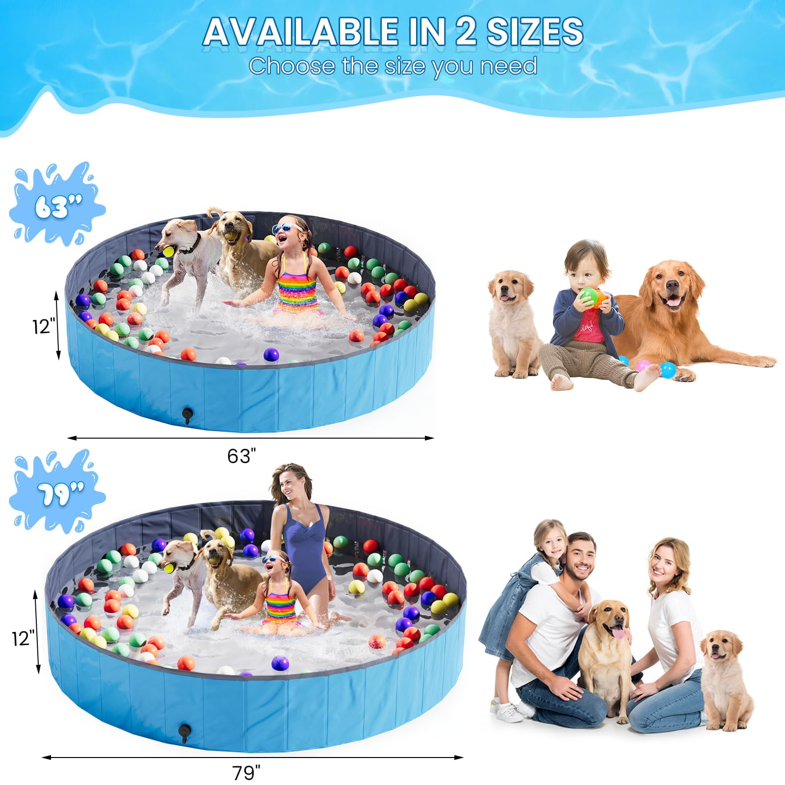 Baxluxe Foldable Portable Kid Pool for Kids and Pets, Outdoor Kiddie Pool with Hard Plastic, Portable Non-Slip Dog Bath Tub, Collapsible Dog Swimming Pool for Kids (Blueness, 63" x 12")
