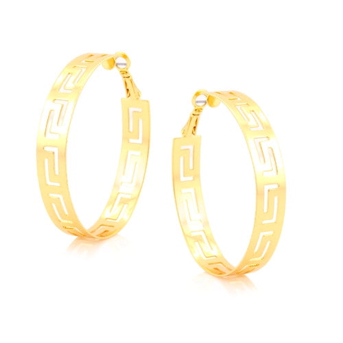 Gold-Plated Wide Greek Key Hoop Earrings