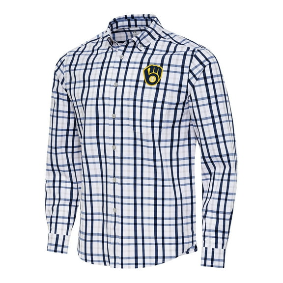 Men's Antigua Navy/White Milwaukee Brewers Tending Woven Tri-Blend Long Sleeve Button-Down Shirt