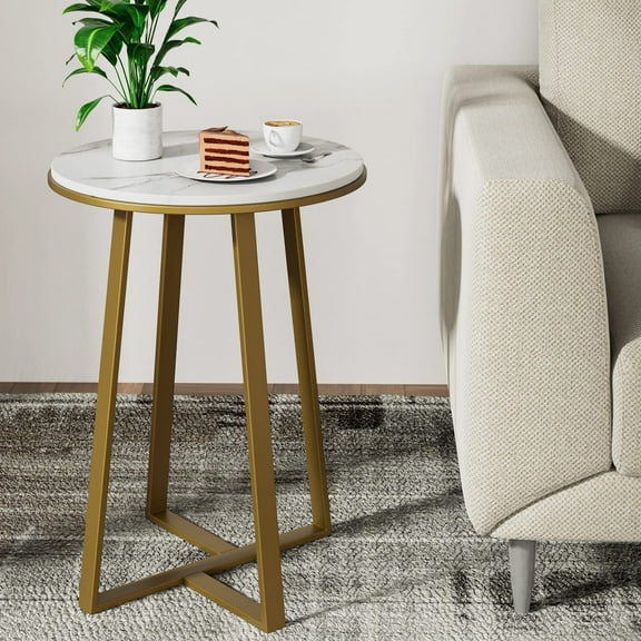Round End Tables, Small Side Table White Marble Texture MDF Top,Metal Frame Gold Color, Tall End Table for Bed Room,Coffee Tea End Table for Living Room (White Marble Gold)