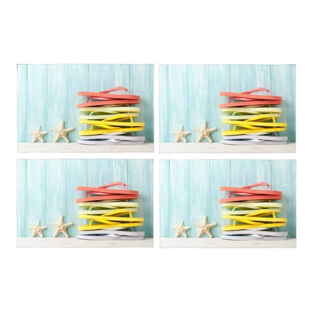 Mkhert Flip Flop And Starfish On Wooden Background Placemats Table