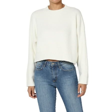 TheMogan Junior's Drop Shoulder Long Sleeve Ribbed Knit Crop Sweater Cozy Cropped Top Ivory S