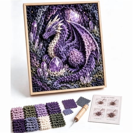 Dragon 3D Fabric Poke Art Kit No-Sew Beginner Craft Set with Pre-Cut Fabric Squares and Poking Tool Handmade Dragon Artwork for Shelves Desks and Gift Giving Purple Dragon