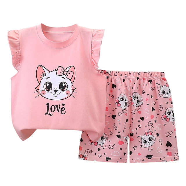 COMVALUE Girls Comfortable Breathable Set Cute Cartoon Printed Flying Sleeve Top Shorts Set Girls Sweat (Hot Pink, 3-4 Years)