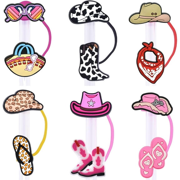6PCS Reusable Straw Cover Topper Dust-Proof Silicone Straw Covers Cap Cowboy Hat Cartoon Patterns Toppers Cute Portable 10mm Diameter Drinking Accessories