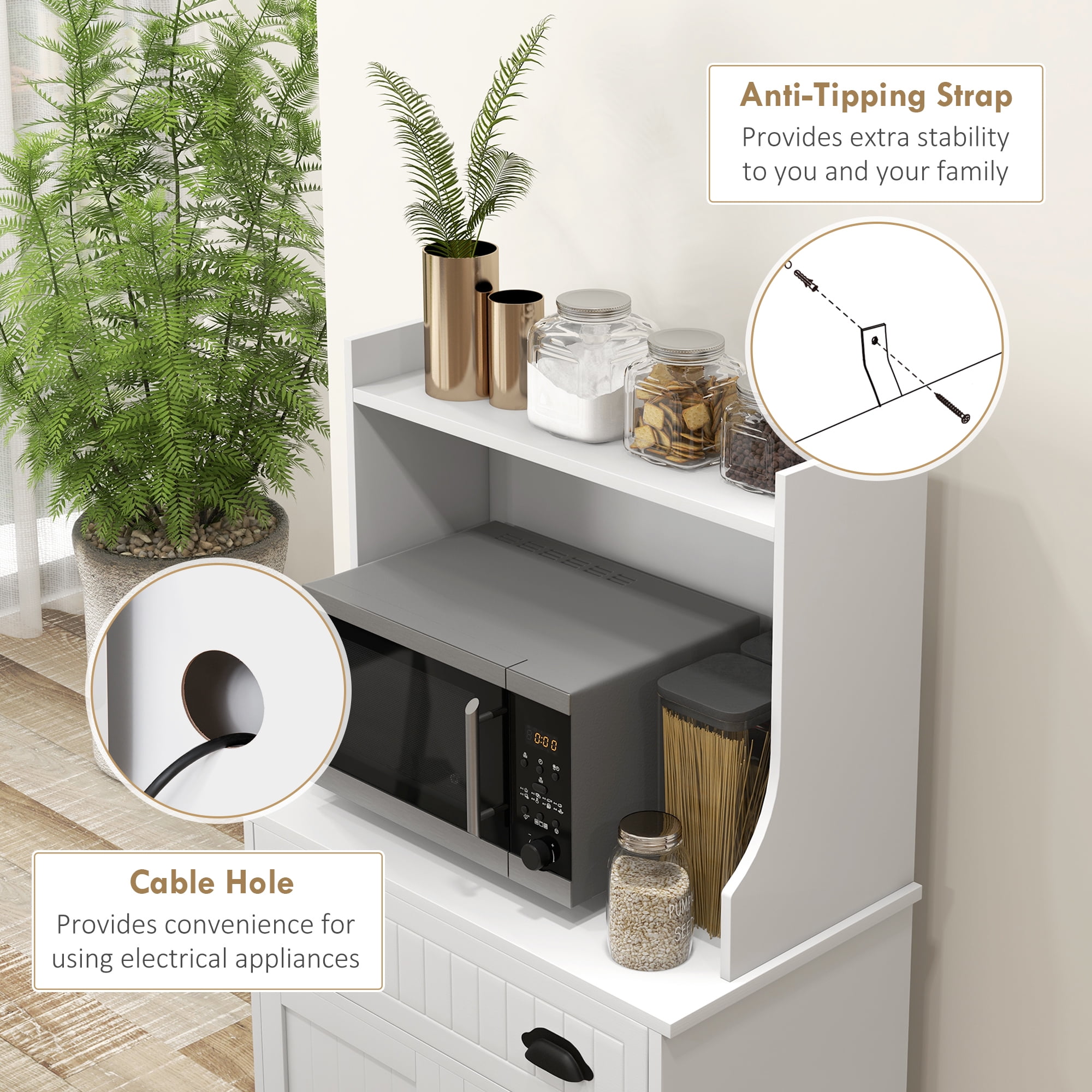 DUOSONG Homcom Microwave Cabinet With Storage Drawer, Double Door Cabinet And Adjustable Shelf, Buffet With Hutch And Cable Hole, Storage Cabinet For Kitchen, Dining Room, Living Room, White White