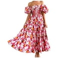thumbnail image 1 of TSADFHJI Jupes pour Femmes Longues Été Robe Chic à Volants Manches Bouffantes pour L'Été L Rouge Melon D\'eau, 1 of 5