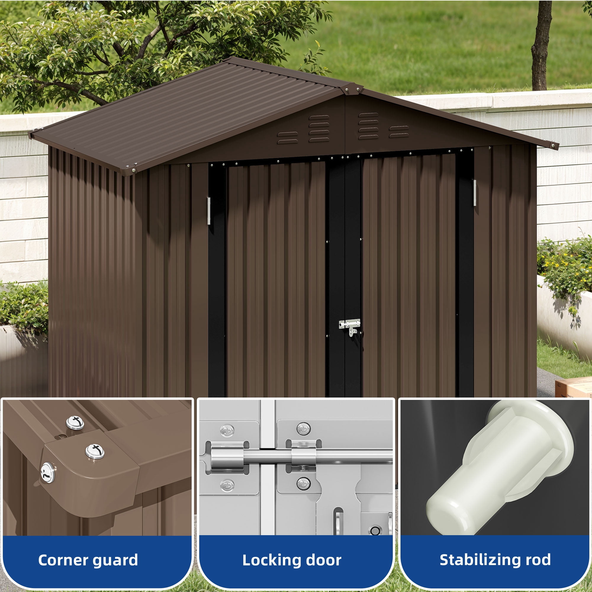 Uforic 6 Ft x 4 Ft Outdoor Tool Shed with Air Vents & Lockable Doors for Bikes & Tools, Brown