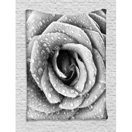 Rain Wall Hanging - Flower Tapestry, Retro Romantic Rose Petal Figure with Rain Water Drops Valentines Love Picture, Wall Hanging for Bedroom Living Room Dorm Decor, Black and White, by Ambesonne