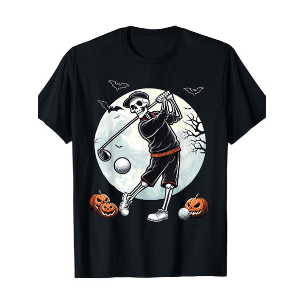 Camiseta de Halloween - Camiseta de golf de Halloween para hombre - Golfista espeluznante con palo, bolas y bates de calabaza - Camiseta de algodón puro suave con cuello redondo - Camisa informal negr