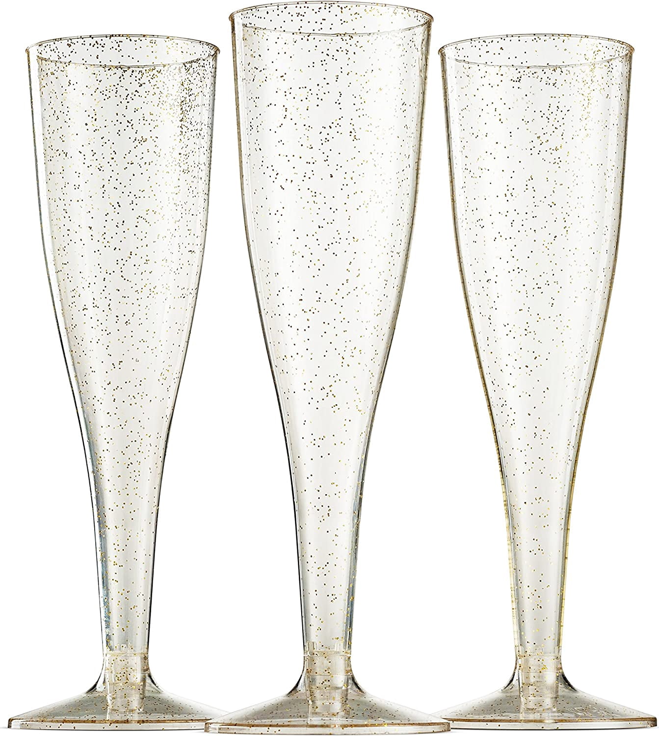 100 Plastic Champagne Flutes - 5 Oz Disposable Gold Glitter Champagne Glasses for Parties, Mimosa Bar, Events, Wedding and Shower Party Supplies - Toasting Cocktail Cups
