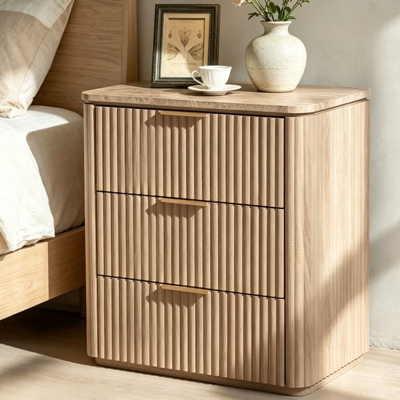 Hvoonc 3 Drawer Nightstand with Faux Marble Top, 25" Tall Fluted Storage Bedside Table, FSC Certified Wood, Natural Oak