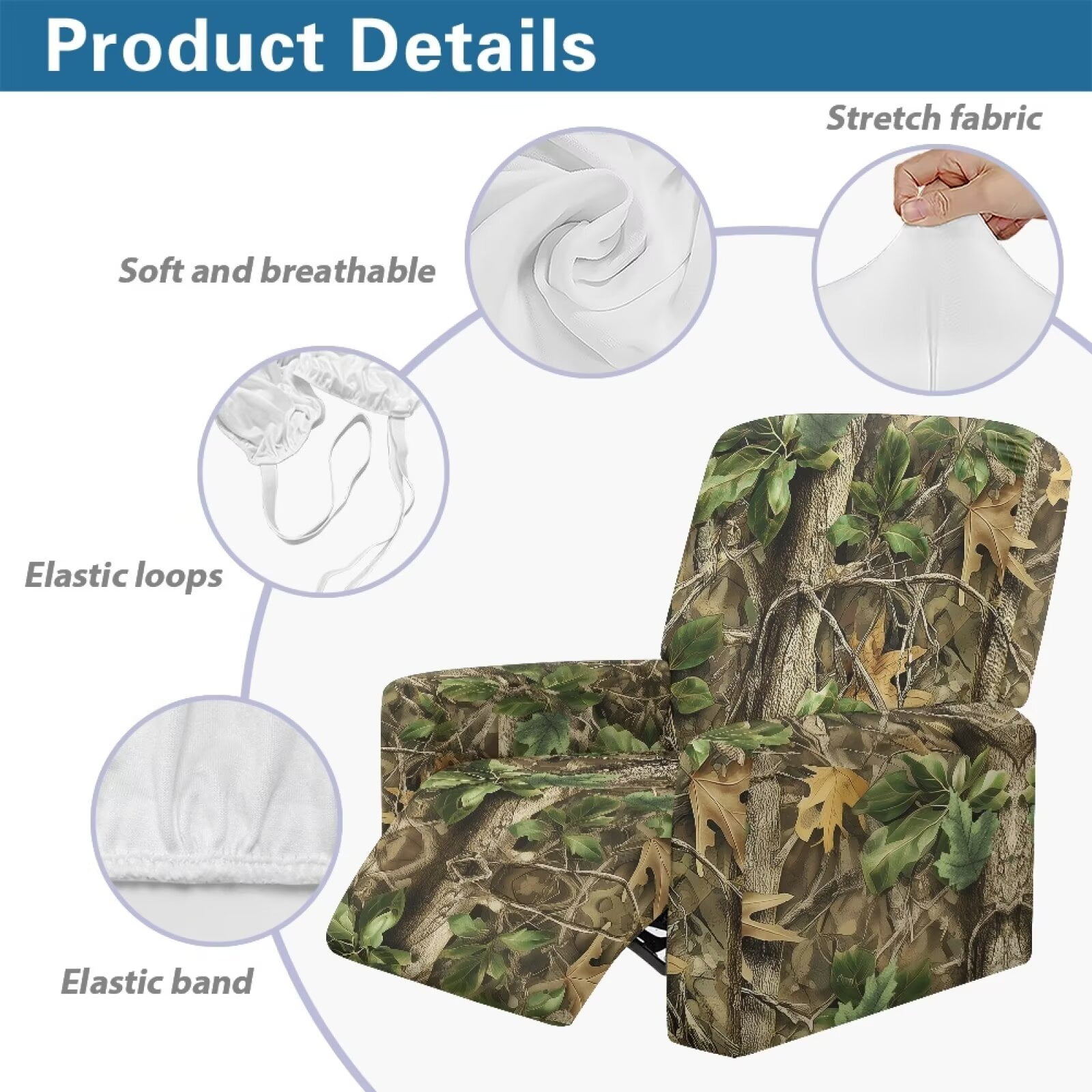 Yuyamidu Camo Reclining Chair Covers 4 Pieces Hunting Recliner Sofa Slipcovers with Pocket Easy to Install Single-Seater Sofa Slipcovers 4 Pieces Soft Furniture Protector