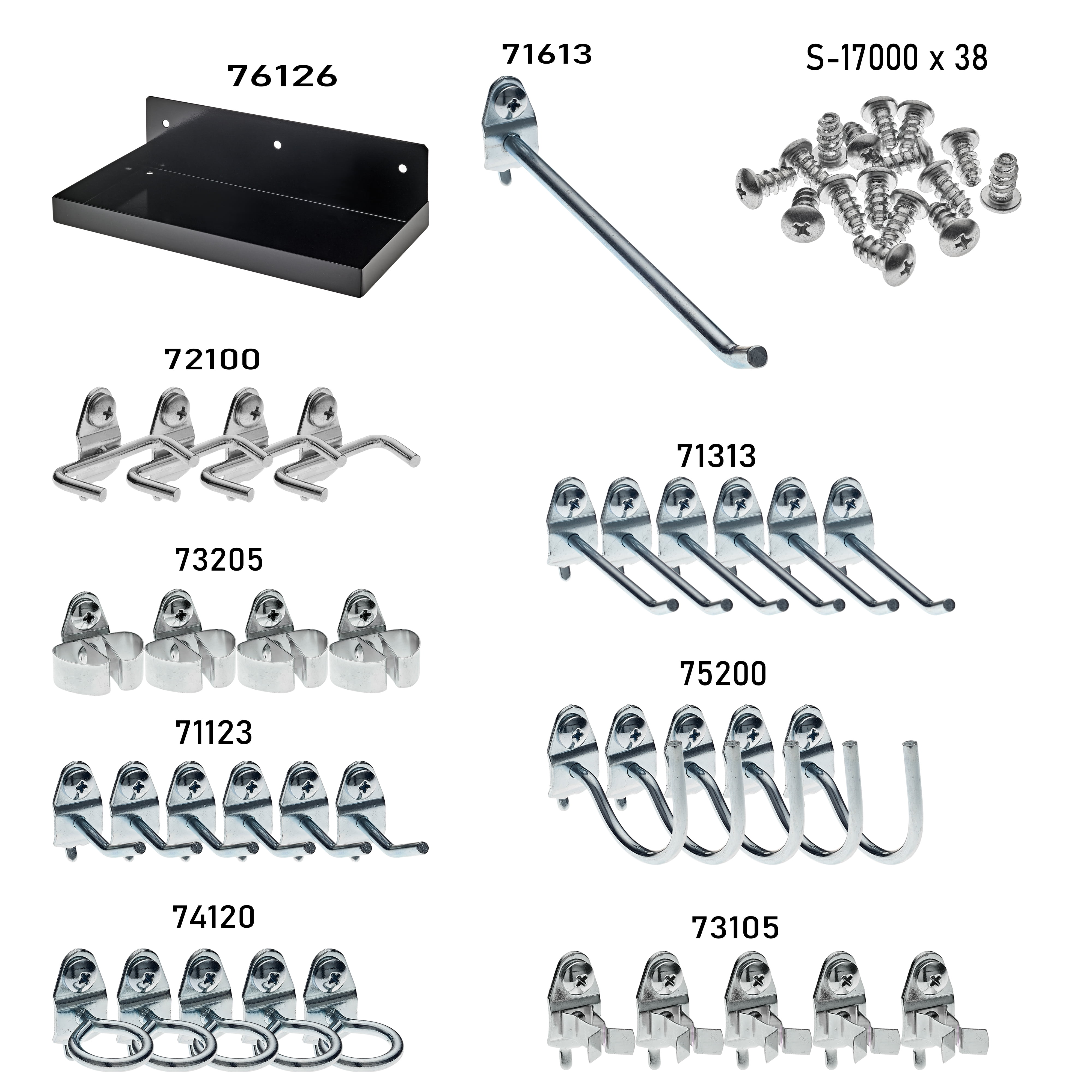 Triton Products 76126BK-36 Black Steel Pegboard Shelf with 36 piece DuraHook locking hook assortment