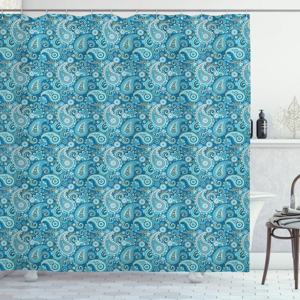 Blue Paisley Shower Curtain, Folk Ornament Flower Like Elements Buta