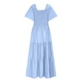 thumbnail image 4 of Summer Dresses for Women 2025 New Women's Summer Flowy Maxi Dress Short Sleeve Smocked Tiered Ruffle Boho Dresses with Pockets Light Blue S, 4 of 9