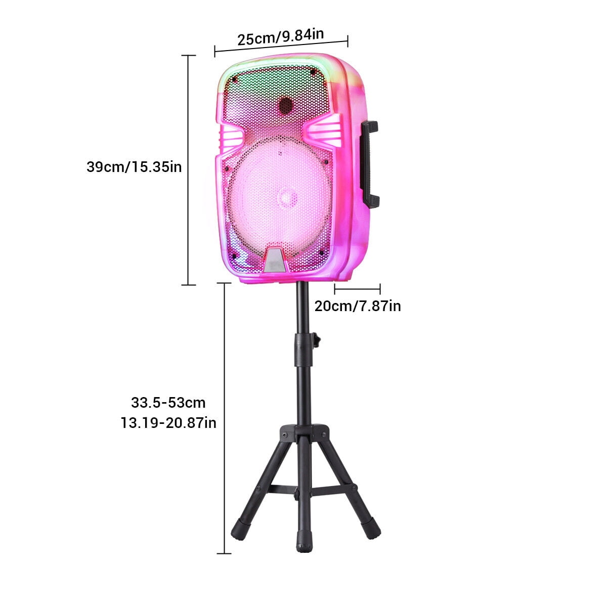 Portable Bluetooth Speaker 8" Woofer w/ Tripod Stand Microphone Remote Control Pink LED, Clear Shell