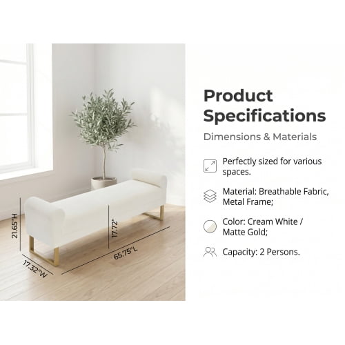 65" Soft Chenille Upholstered Ottoman Bench, Modern Luxury End of Bed Bench for King Size Bed, Multi-Purpose for Bedroom, Living Room & Entryway Shoe Bench