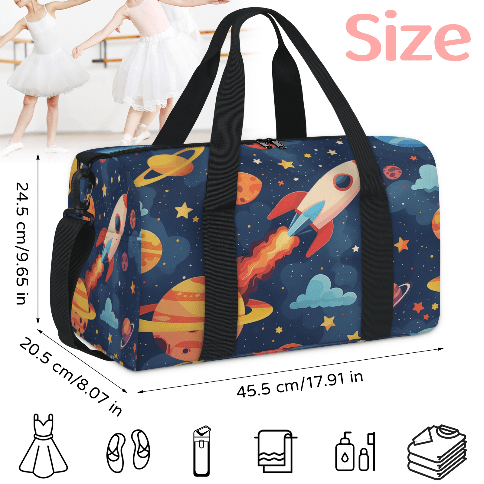 Herdesigns Space Cartoon Planet Travel Duffle Bag Sports Yoga Weekender Overnight Carry on Workout Bags Lightweight Waterproof Gym Tote Bag for Women
