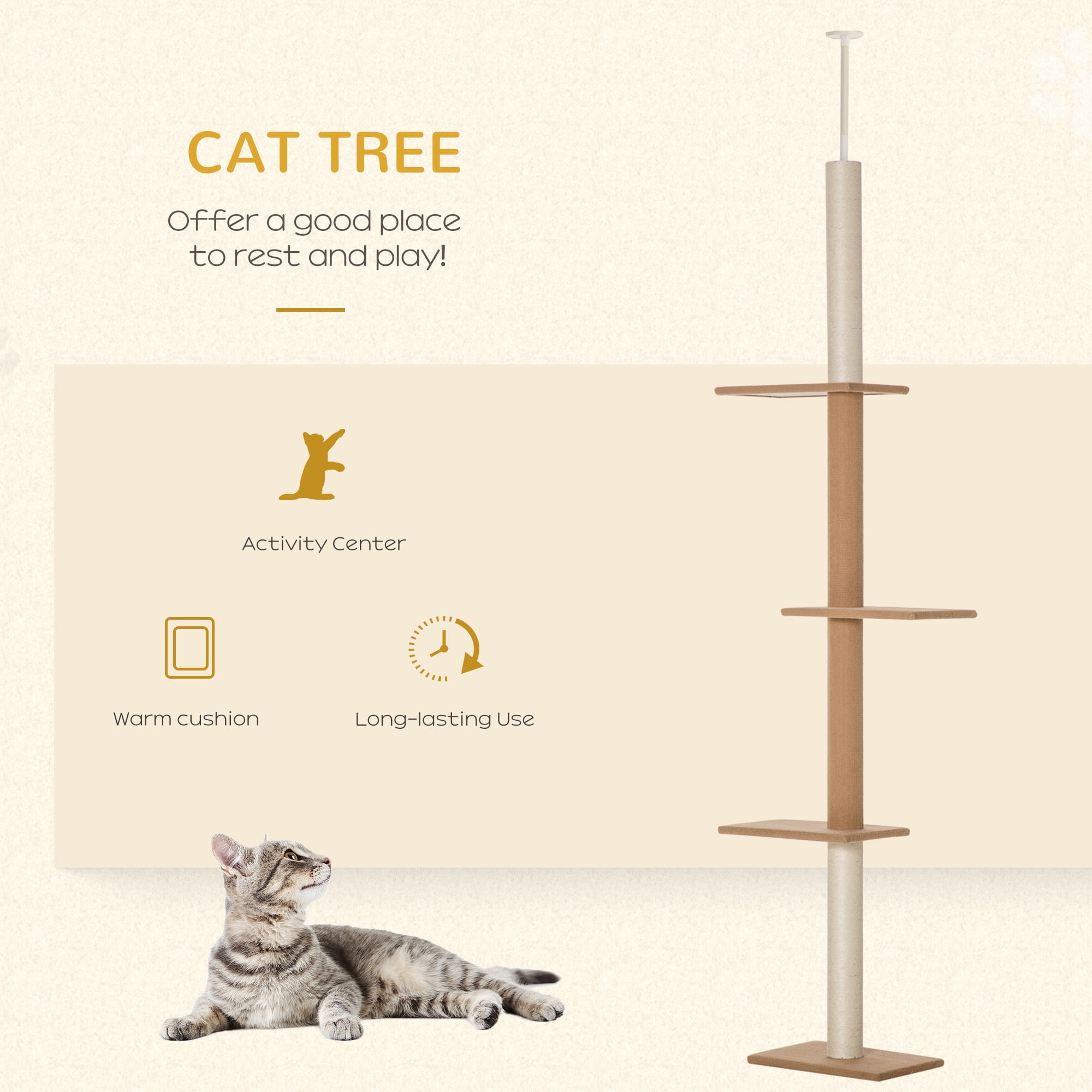 PawHut 89"-102" Floor to Ceiling Cat Tree Cat Climbing Tower, Light brown