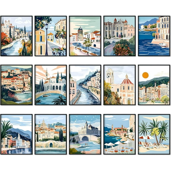 Vintage Travel Posters City Wall Art Set of 15 Trendy Modern Colorful Wall Poster Europe Landscape Canvas Wall Art Prints Decor