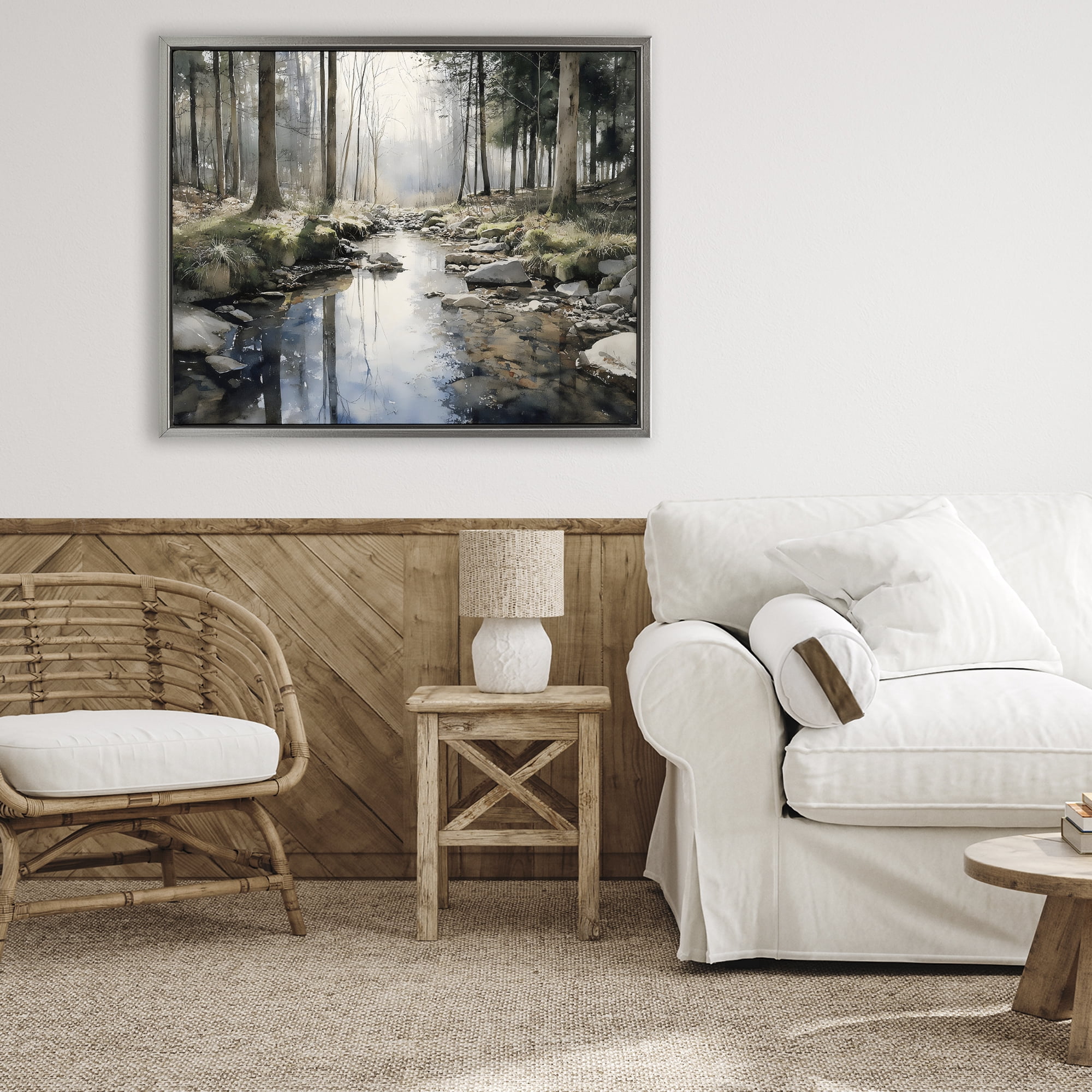 Stupell Industries Rock Creek in Morning Mist Gray Framed Floater Canvas Wall Art, design by Franklyn Gregory