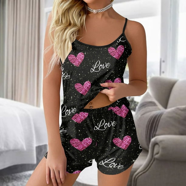 MKLEKYY Camisola y Pantalones Cortos con Estampado de Corazones para Mujer, Sexys, Sin Mangas, para El Hogar, Pijamas de Moda, Ropa de Dormir