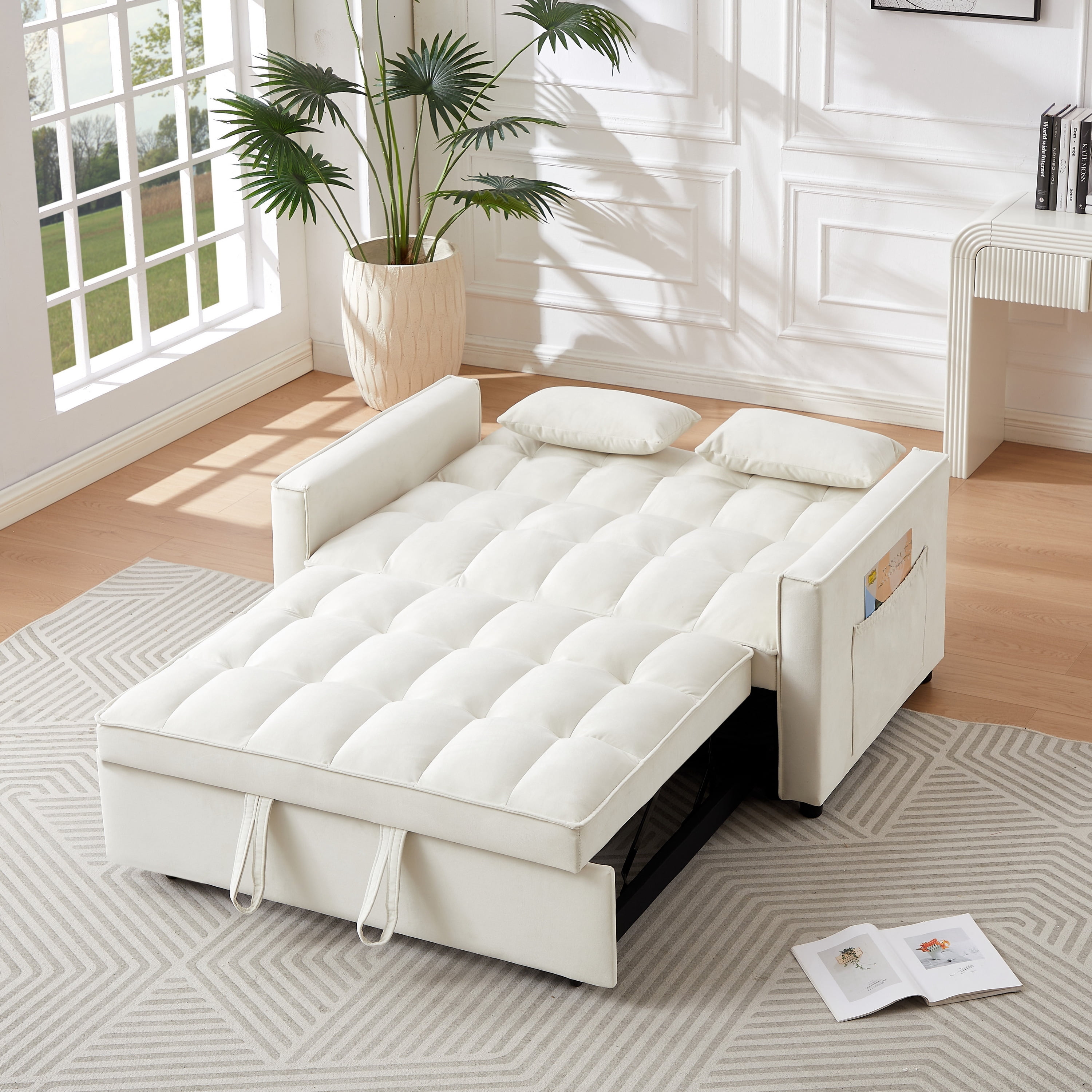 Gewnee 54" Velvet Upholstered Pull Out Sleeper Loveseat for Home,Office,Guest Room.Beige