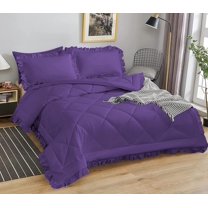 DNG Creations 5 Piece Ruffle Diamond Comforter All Season 550 GSM Full/Queen Size - 800 Threads Count, 100% Egyptian Cotton Solid Purple Colour