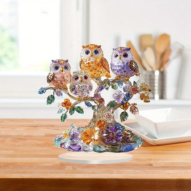 Fiudx Decoración de Búho de Cristal, Obra de Arte Única En Piedra Triturada, Exquisita Artesanía para El Hogar, Adorno Multifuncional para Sala de Estar, Ideal para Oficina En Casa o Dormitorio, Un R