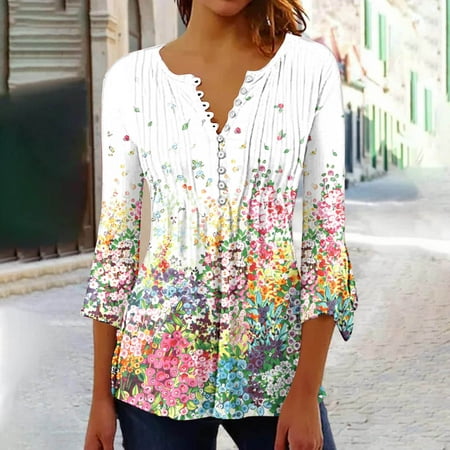 

Lhked Women s Round Neck Tops Trumpet 3/4 Sleeve Printed Buttoned Basic Ruched Corset Tunic Pleated T-shirts Blouses for Fall/Winter