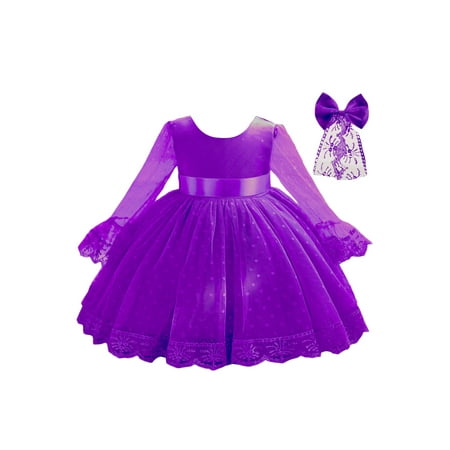 

RSRZRCJ Baby Girls Long Sleeve Dress with Mesh Lace Flowers Solid Color Crew Neck Little Princess Dress