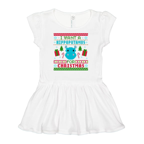 Inktastic I Want a Hippopotamus for Christmas Pixelated Ugly Sweater Girls Baby Dress