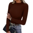 thumbnail image 2 of Fshiont Y2k Womens Long Sleeve Stretch Mock Neck Ribbed T-Shirt Slim Fit Casual Basic Tops Brown One Size, 2 of 7