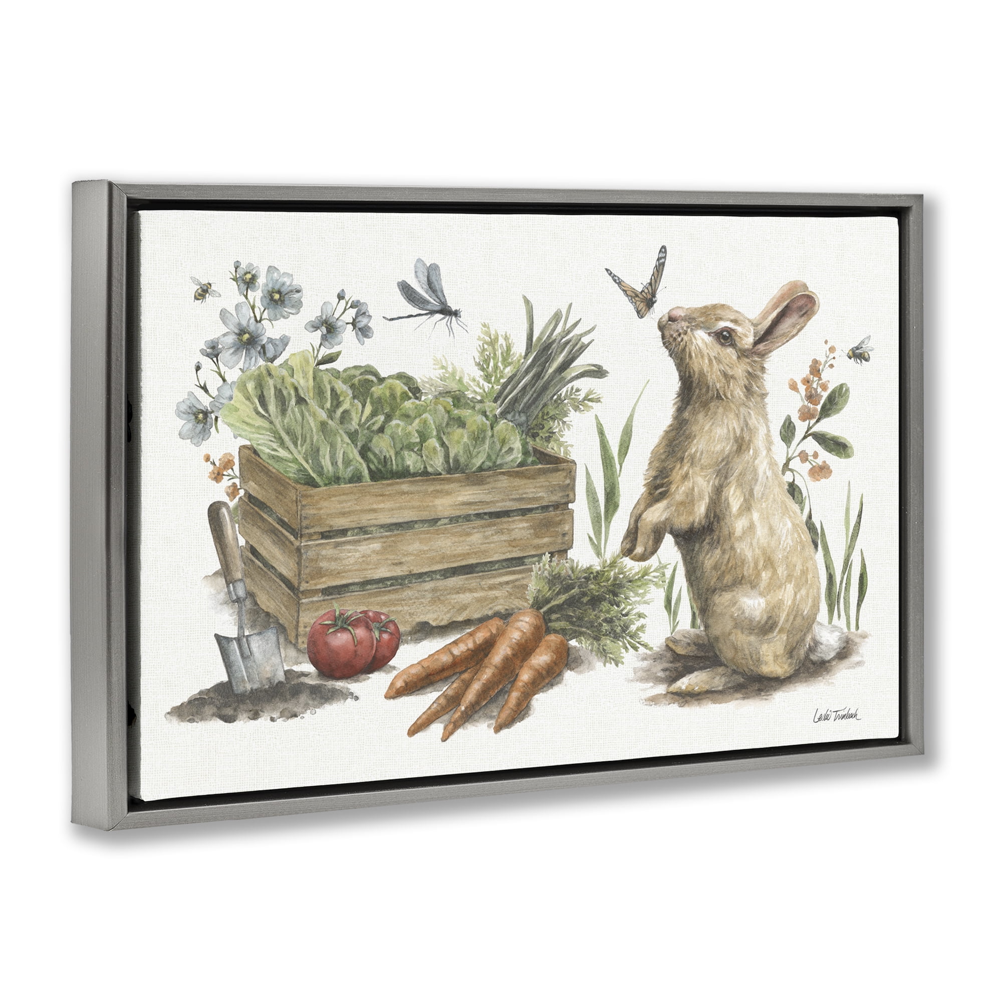 Stupell Industries Gardening Bunny Scene Botanical & Floral Painting Gray Floater Framed Canvas Art Print Wall Art, 31 x 21