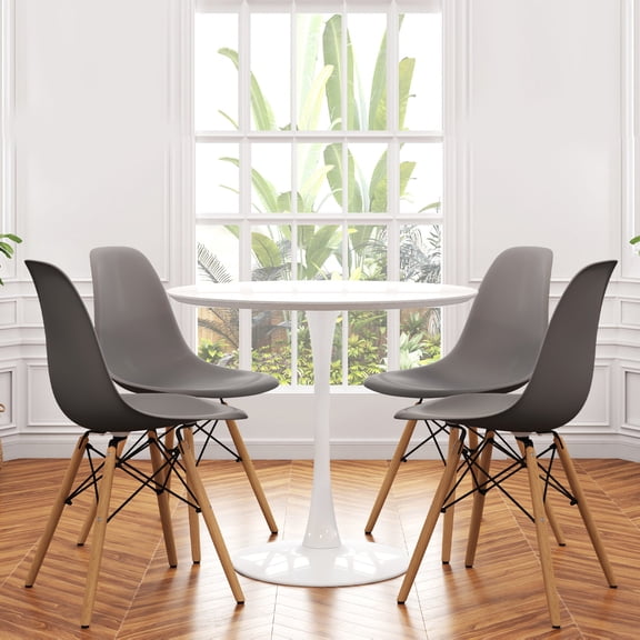 Modholic Tulip 36" Round Wood Dining Table & Set Of 4 Wood Leg Chairs, Gray
