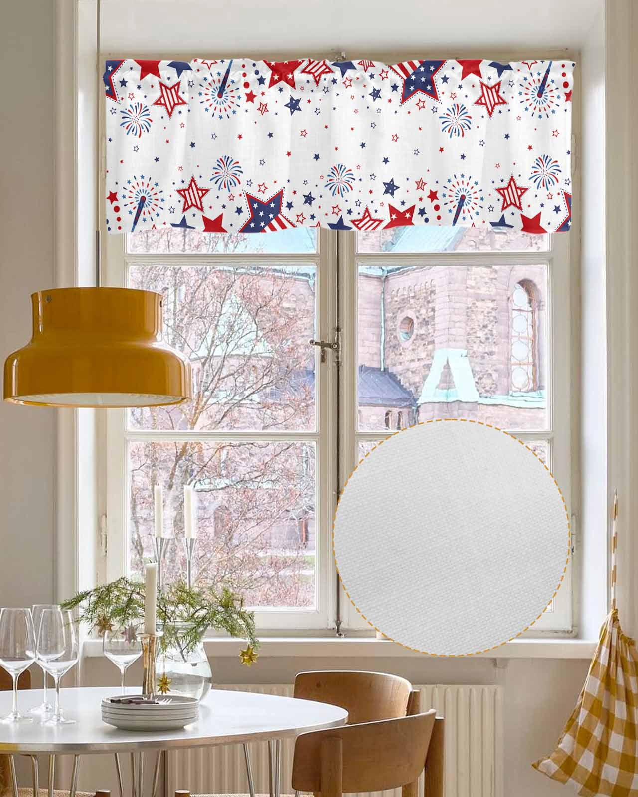 Patriotic Memorial Linen Curtain Valance for Bedroom/Bathroom/Kitchen/Office/Living/Dining Room Windows,Stripes Stars 4th of July Red Blue Rod Pocket Topper Drapes Decorative Cafe Drapery Panel 60x18