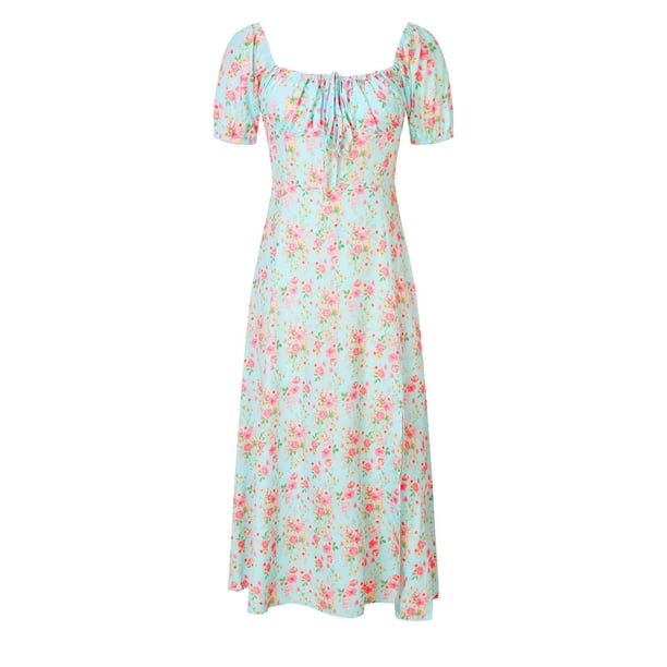 WILLBEST Vestidos con Curvas para Mujer, Vestidos Casuales de Verano para Mujer, de Manga Corta, con Cuello Cuadrado y Abertura Midi Grande