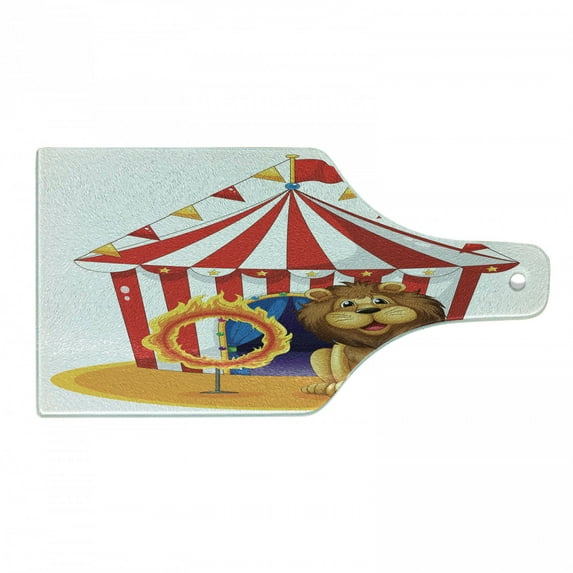 Circus Cutting Board, Lion Beside the Hoop at the Circus Old Fashion King of Forest Illustration, Decorative Tempered Glass Cutting and Serving Board, Wine Bottle Shape, Multicolor, by Ambesonne