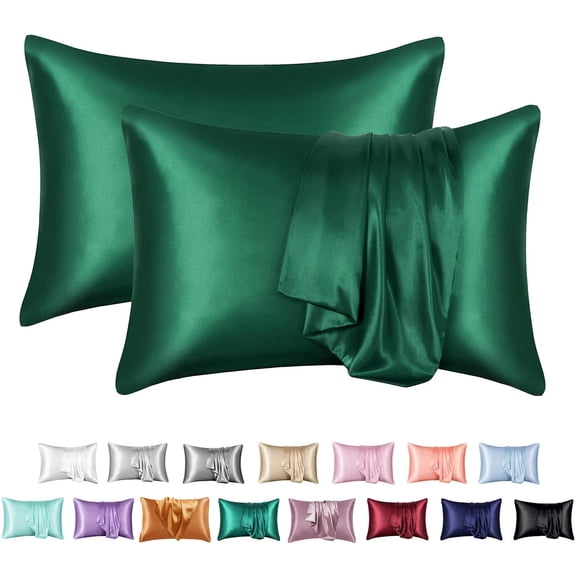 Nvzi-a Hair and Skin Satin Pillow Cover Queen Silk Smooth Pillow Cover 20x30 inches -2-piece set with envelope closure, (dark green)