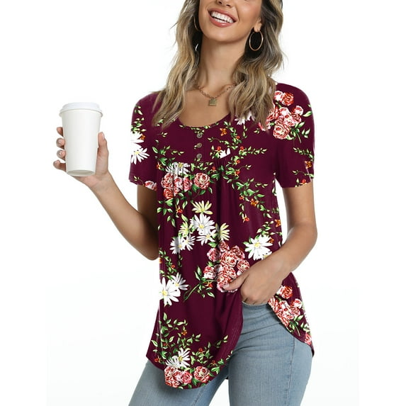 FIUFY Women's Summer Short Sleeve Tunic Tops Fit Pleated Blouses