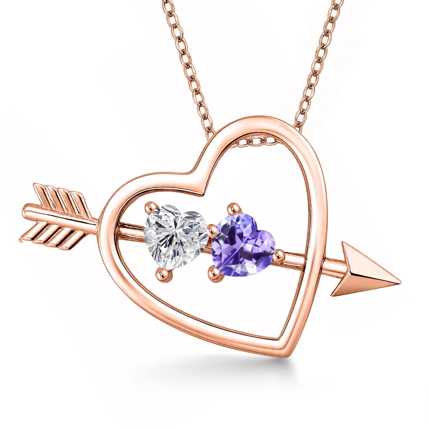Gem Stone King 18K Rose Gold Plated Silver Lab Grown Diamond and Blue Tanzanite Pendant Necklace for Women | 0.94 Cttw | Gemstone April Birthstone | Heart Shape 5MM | With 18 inch Chain
