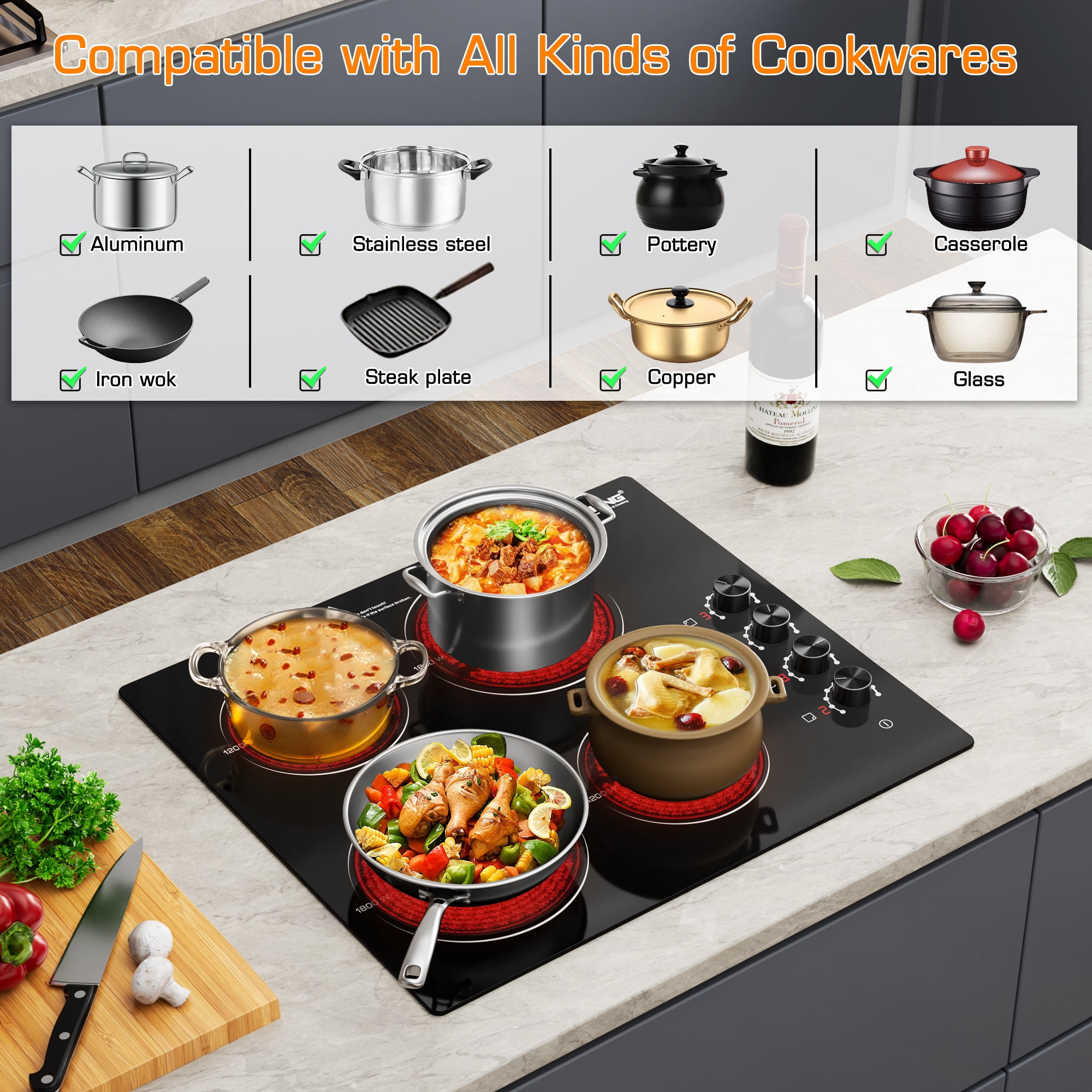 24 inch Electric Cooktop, 6000W Built-in Ceramic Stove Top with 4 Burners & Knob Control, 220-240V Drop-in Radiant Cooktop(No Plug)