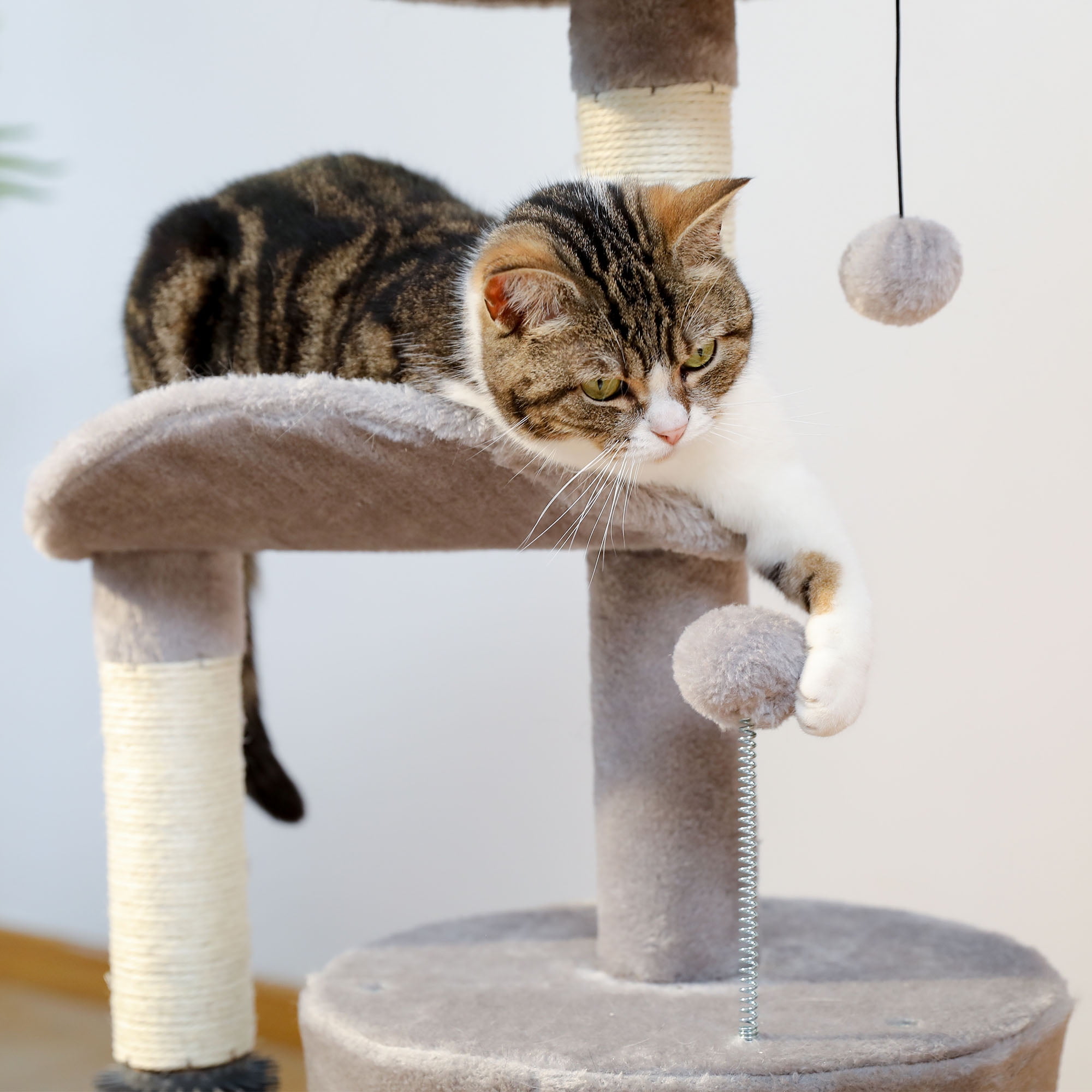 Pefilos 32" Cat Tree Indoor with Self Groomer Brush, Sisal Scratching Post, Dangling Ball, Wood Cat Condo Tower for Small, Medium Cats, Gray Pefilos 32" Cat Tree Indoor with Self Groomer Brush, Sisal Scratching Post, Dangling Ball, Wood Cat Condo Tower for Small, Medium Cats, Gray