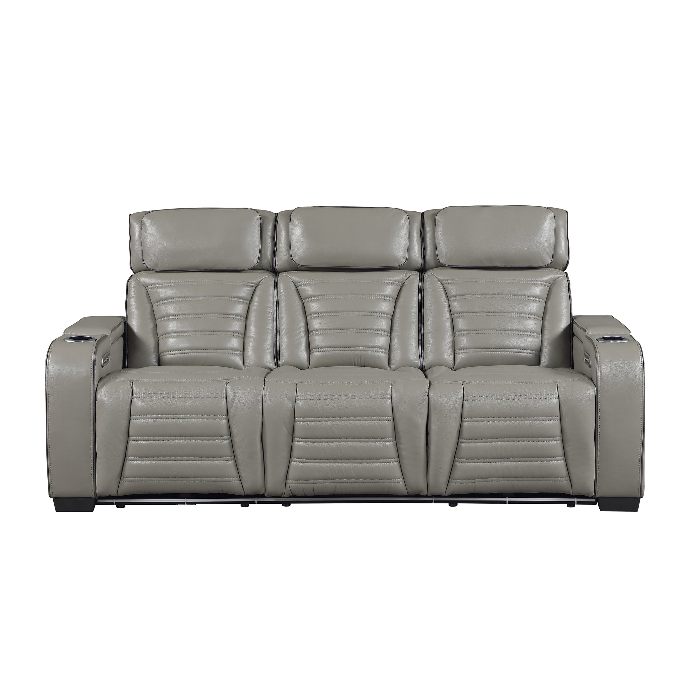 OakvillePark Elantra Leather Match Power Double Reclining Sofa with Center Drop-Down Cup Holder/Power Headrests/Storage Arms/Reading Lights/Wireless Charger/Air Massage/Heat/LED Lighting, Gray