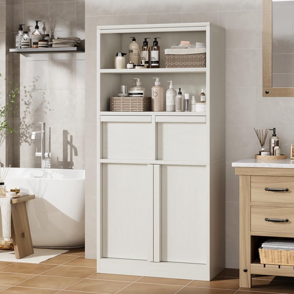 QinaQin Tall Freestanding Storage Cabinet with Doors, 2 Drawers and Shelves for Kitchen, Pantry or Bathroom